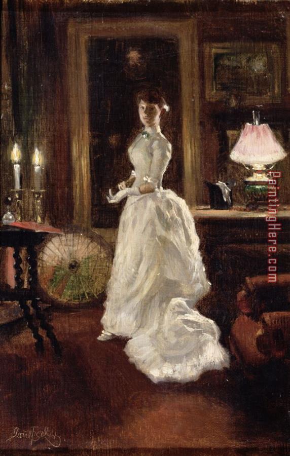 Paul Fischer Interior scene with a lady in a white evening dress